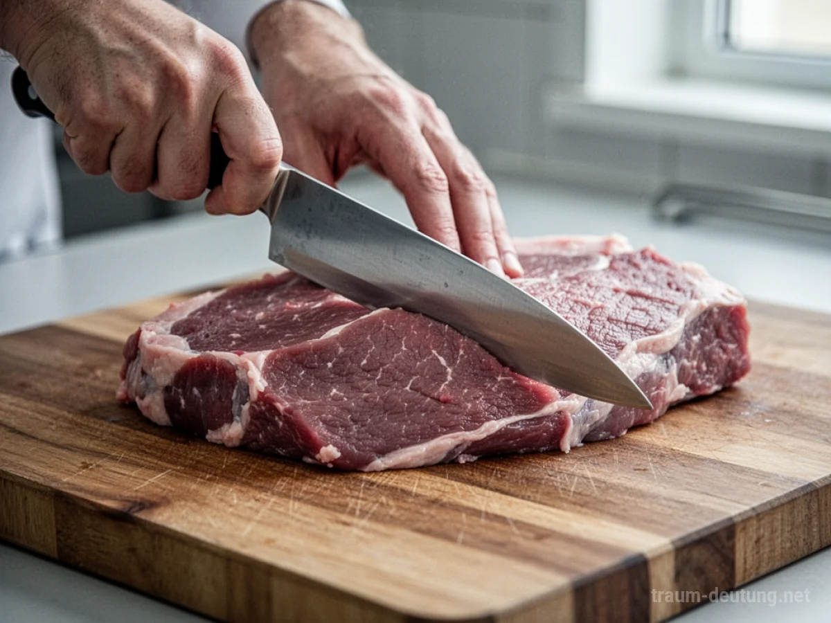 Hand mit Messer schneidet Fleisch auf einem Holzbrett