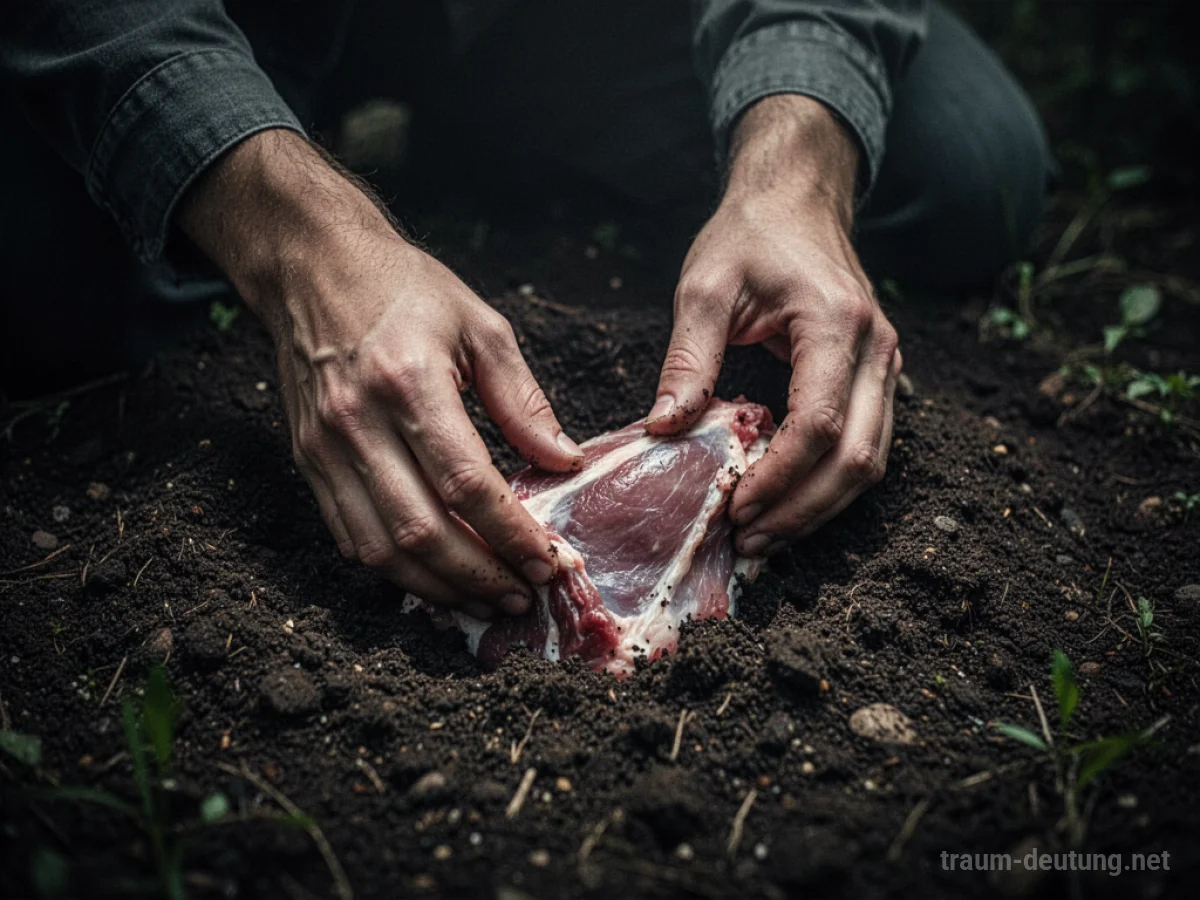 Hände vergraben rohes Fleisch in dunkler Erde.