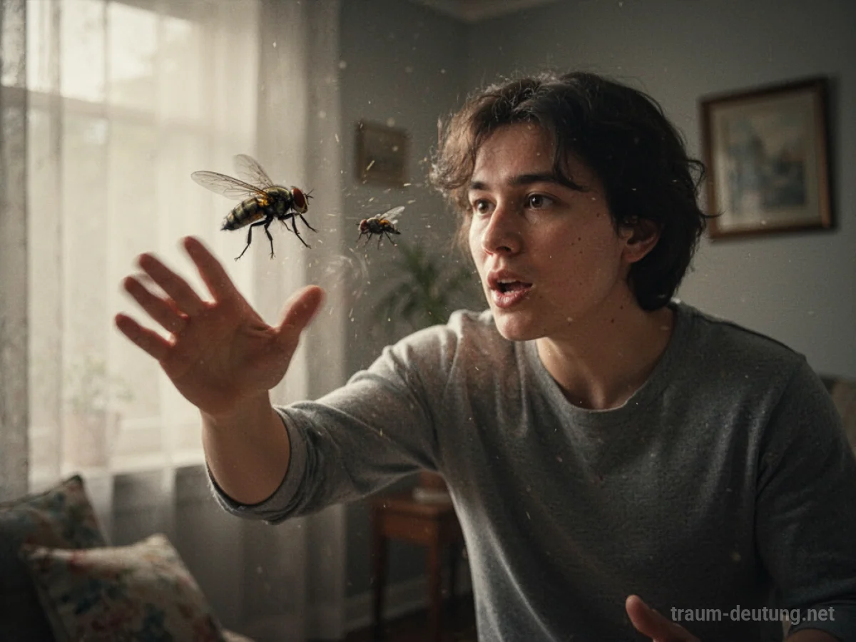 Eine Person versucht, eine Fliege zu verscheuchen, die immer wieder zurückkommt.