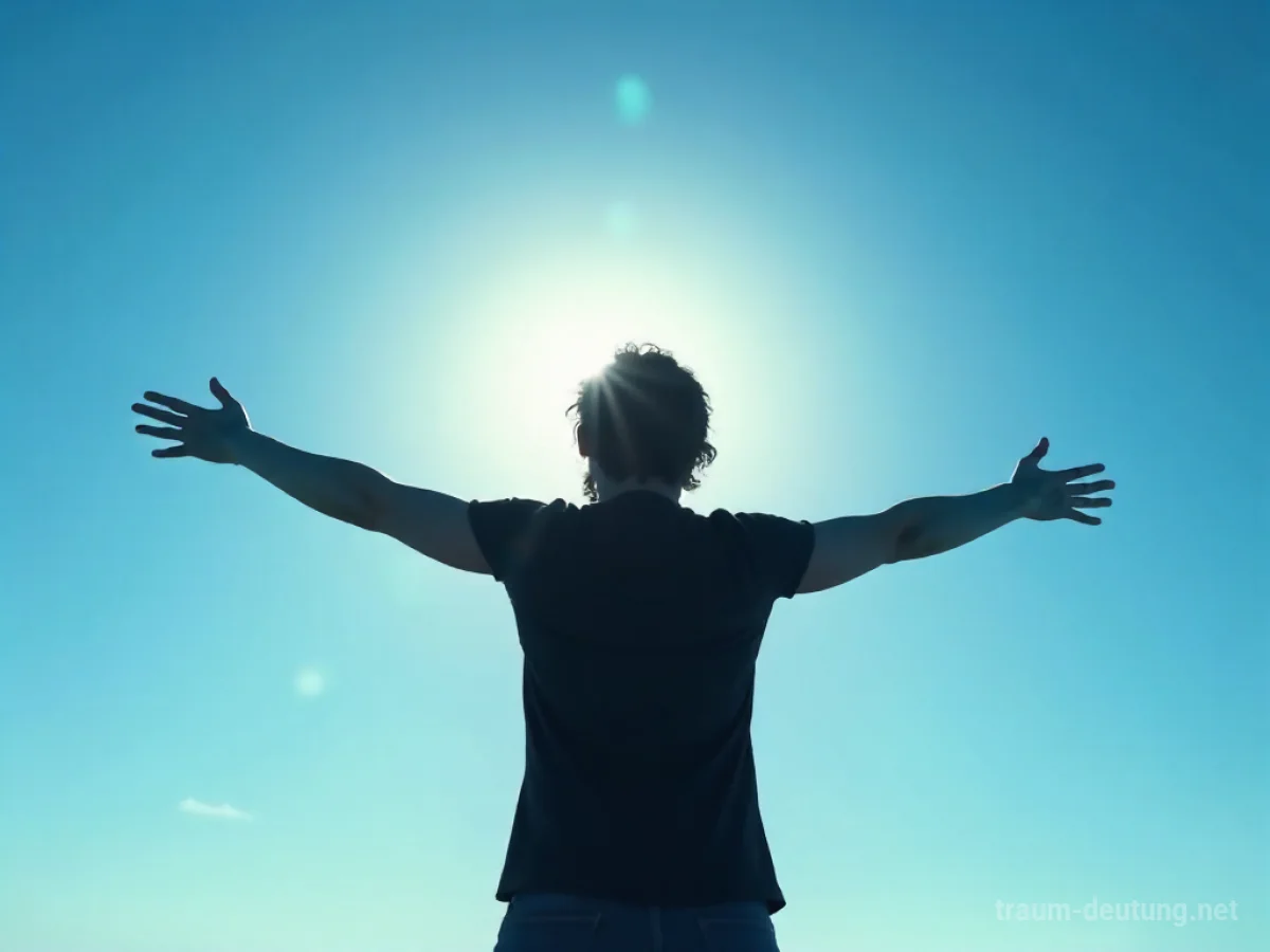 Silhouettenhafte Person fliegt mit ausgestreckten Armen durch einen weiten blauen Himmel.