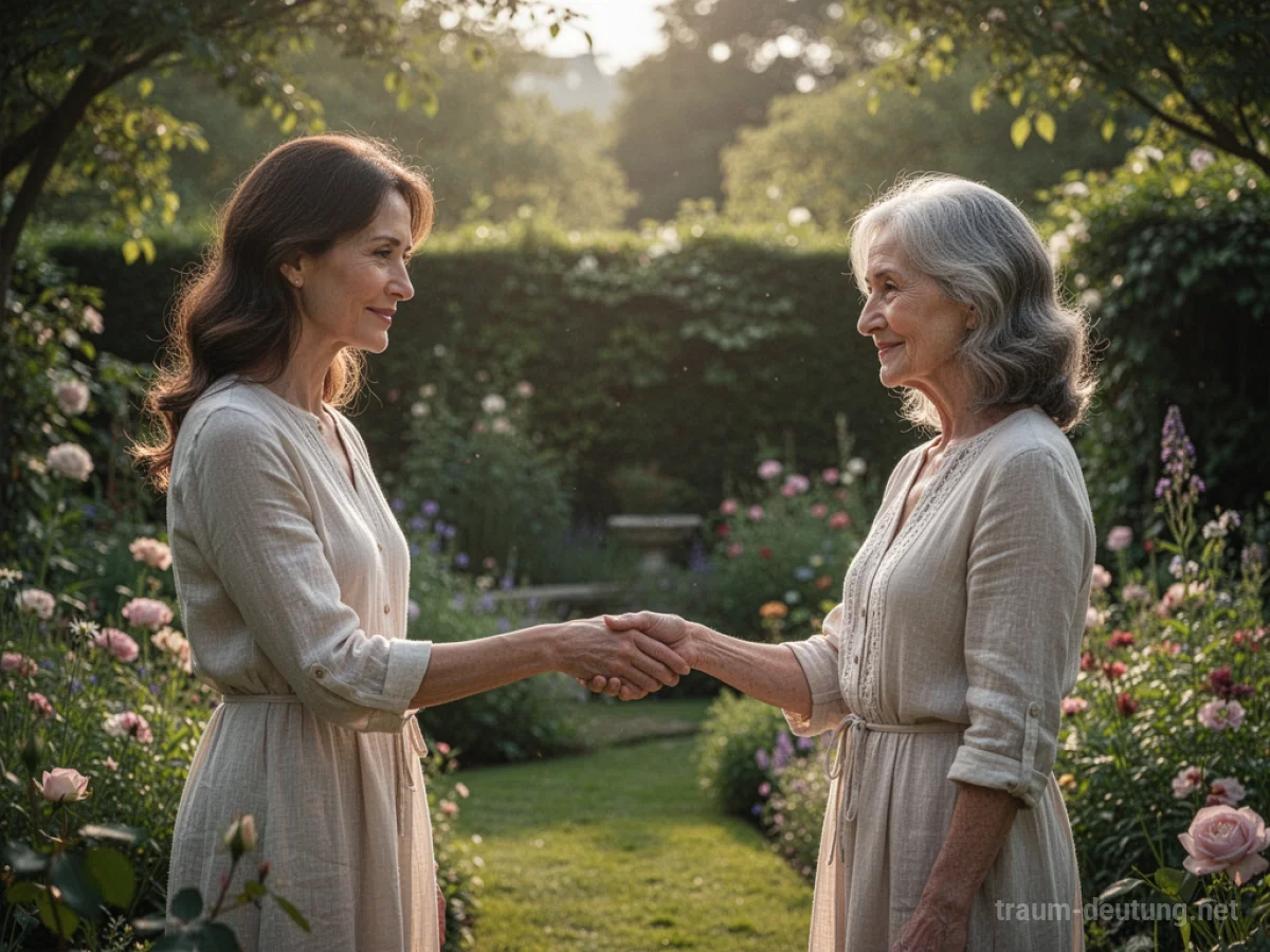 Zwei Frauen im Garten, eine reicht der anderen die Hand als Zeichen der Vergebung.