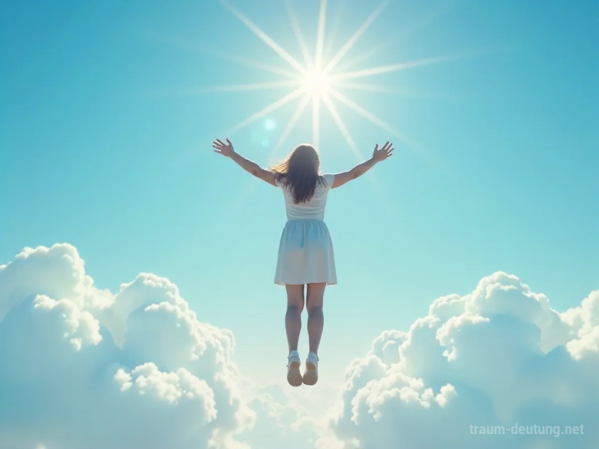 Eine Person fliegt glücklich und befreit durch einen strahlend blauen Himmel.