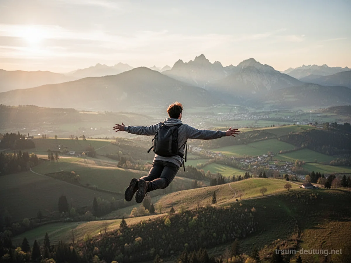 Eine Person fliegt hoch über einer weiten, sonnigen Landschaft.