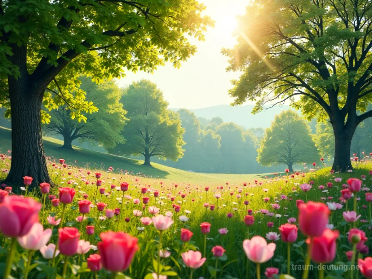 Blühende Frühlingslandschaft mit bunten Blumen und grünen Bäumen unter strahlendem Sonnenschein.