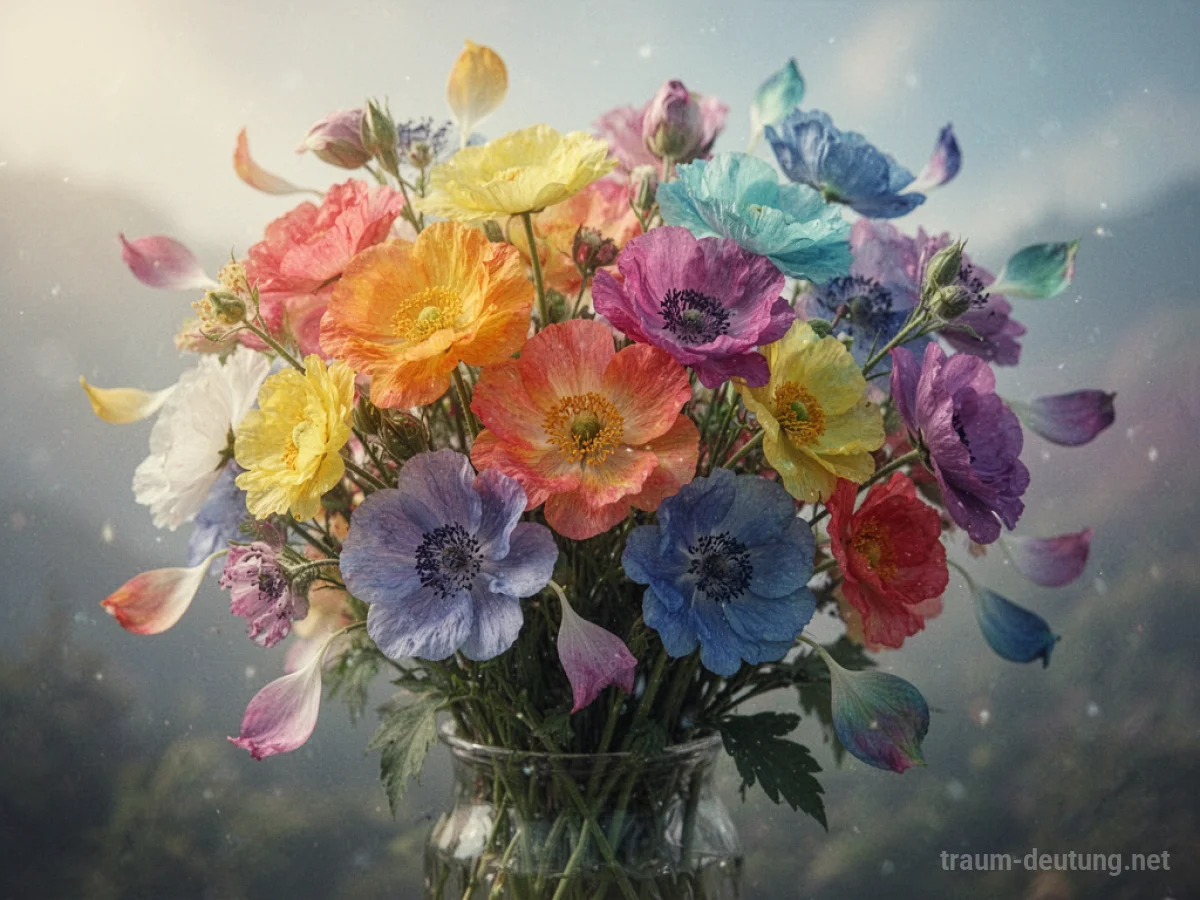 Ein Blumenstrauß, dessen Blütenblätter ihre Farbe verändern, in einer traumhaften Umgebung.