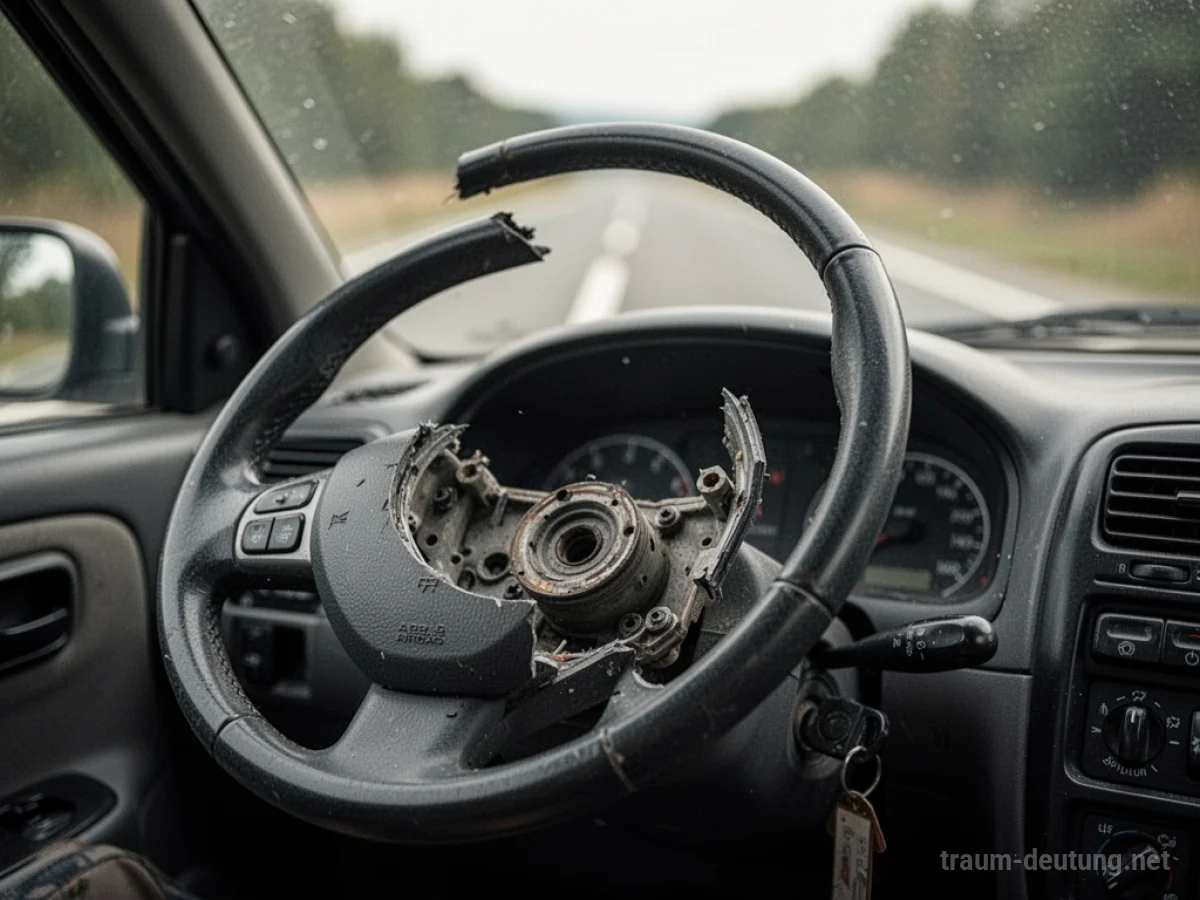 Ein zerbrochenes Lenkrad in einem Auto, das nicht funktioniert. Die Straße davor ist verschwommen.