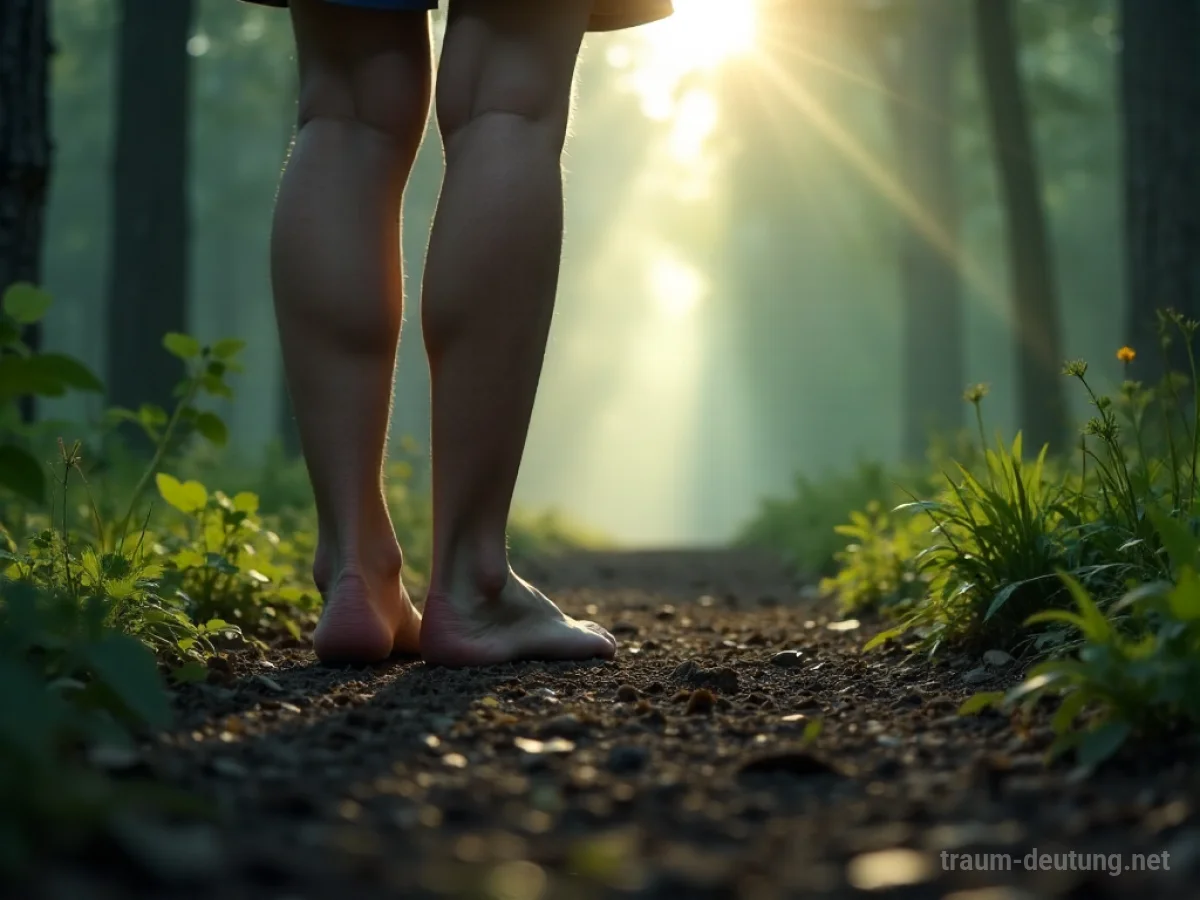 Ein übermäßig großer Fuß steht auf einem Pfad, der in einen nebligen Wald führt.