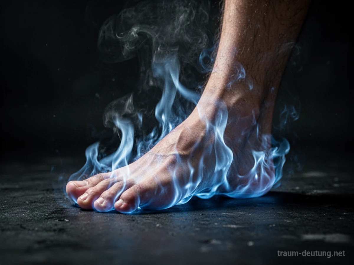 Ein brennender Fuß im Traum mit blauen Flammen auf dunklem Hintergrund.