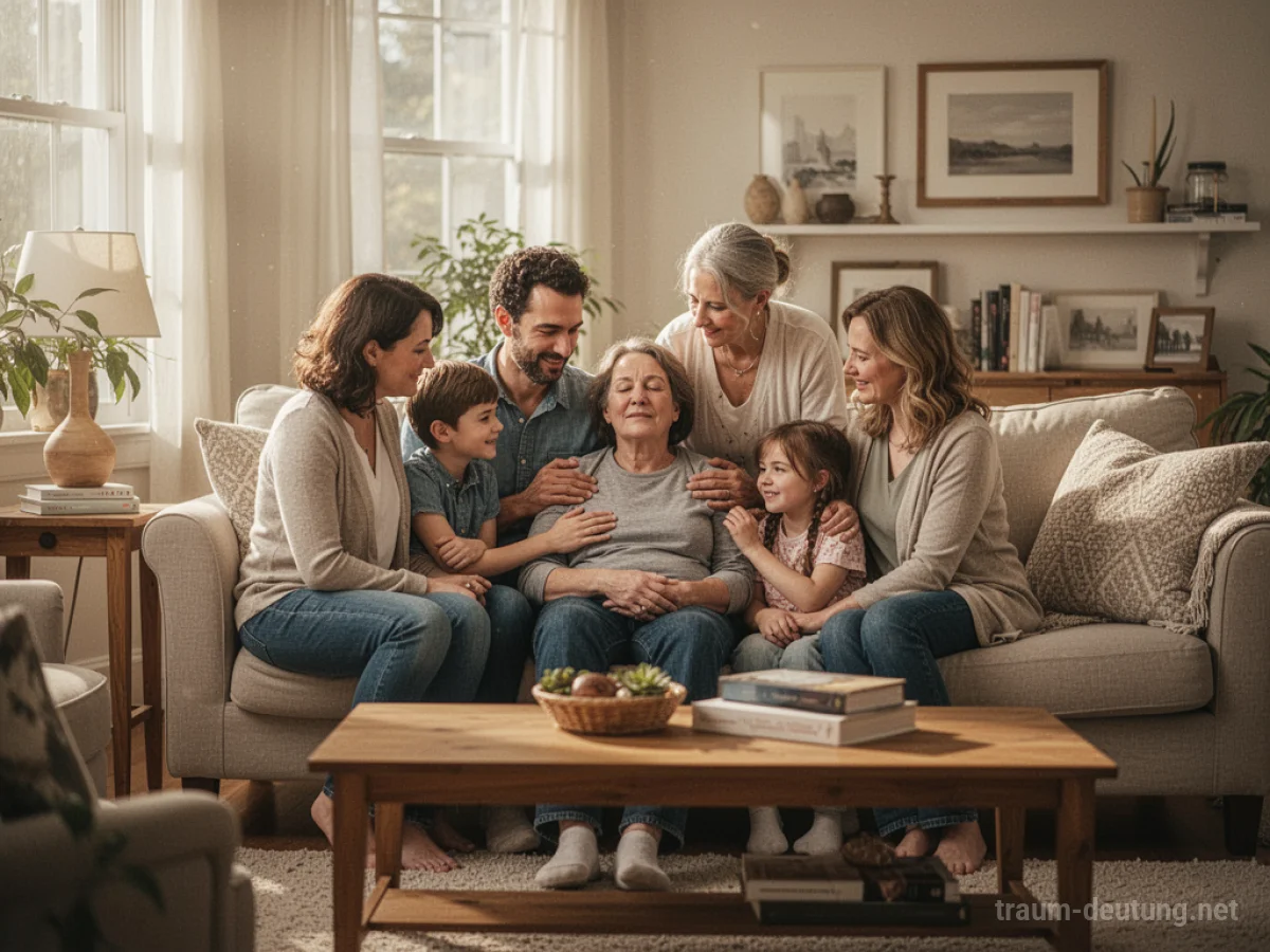 Eine Familie umarmt und unterstützt eine Person in einem gemütlichen Raum.