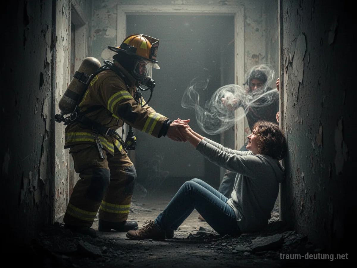 Feuerwehrmann reicht Hand zur Rettung aus Dunkelheit