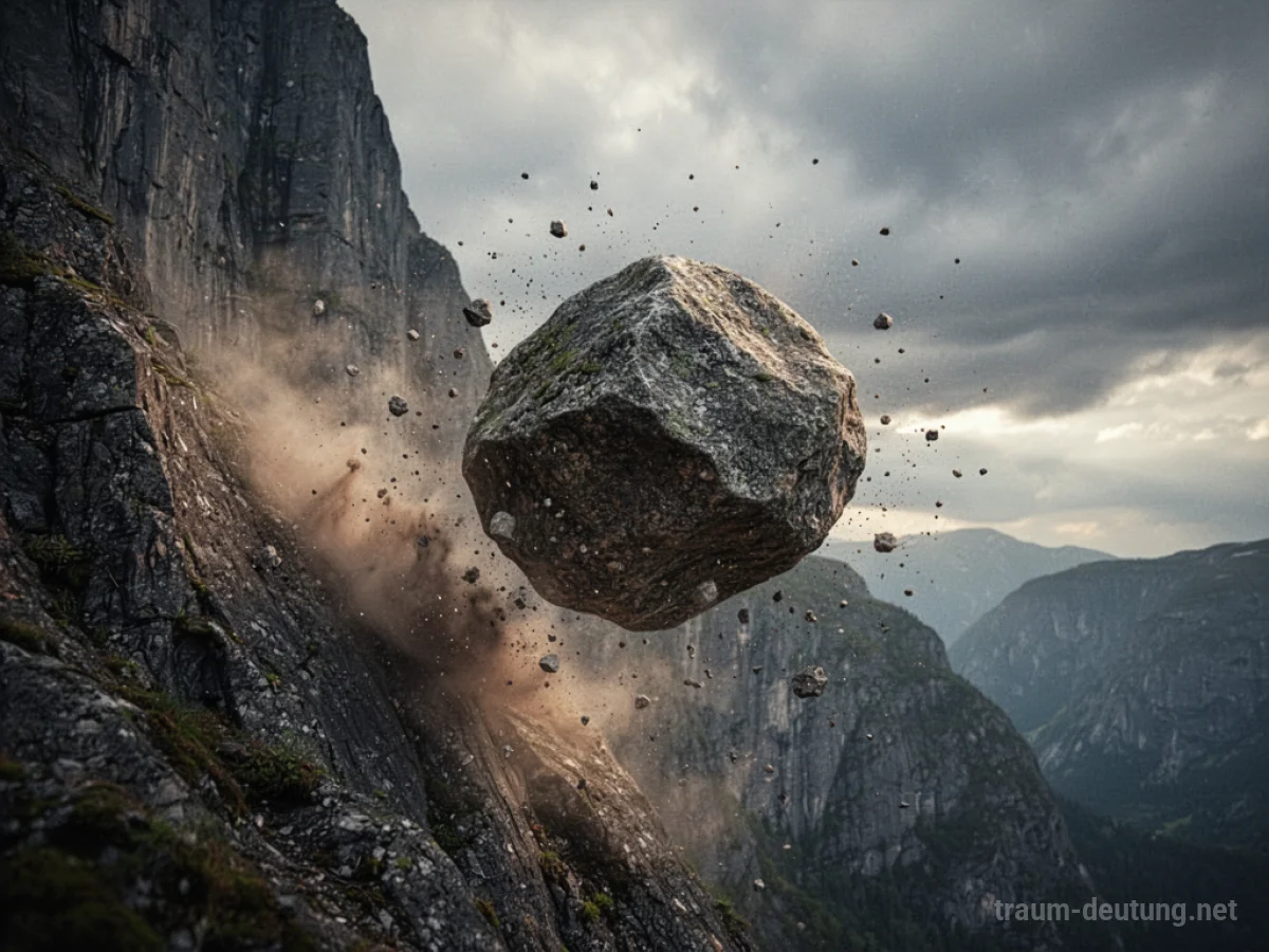 Ein großer Fels stürzt eine steile Klippe hinab, Staub und Geröll wirbeln auf.