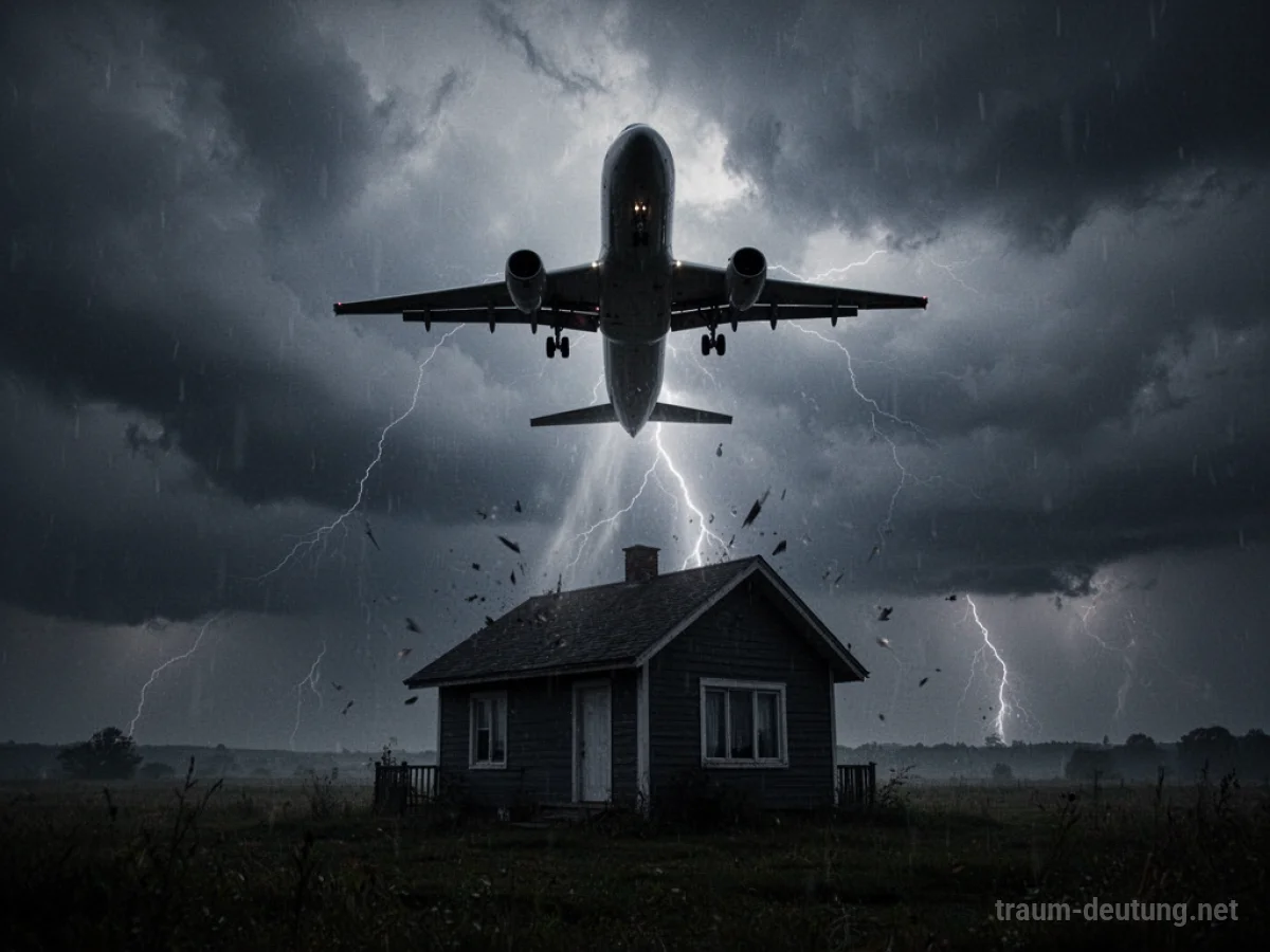 Ein Flugzeug nähert sich einem Haus unter einem düsteren Himmel.