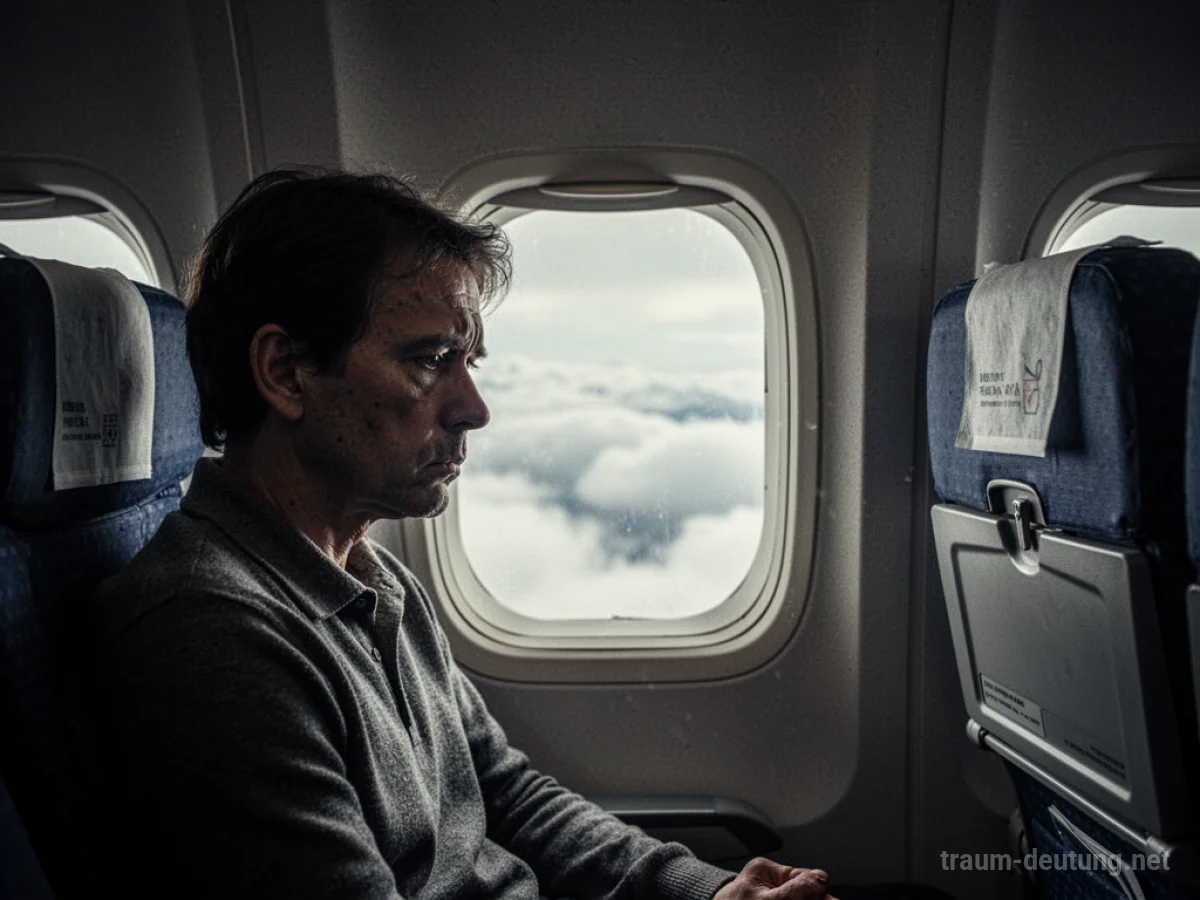 Passagier im Flugzeug mit gedämpftem Licht und wolkenverhangener Aussicht