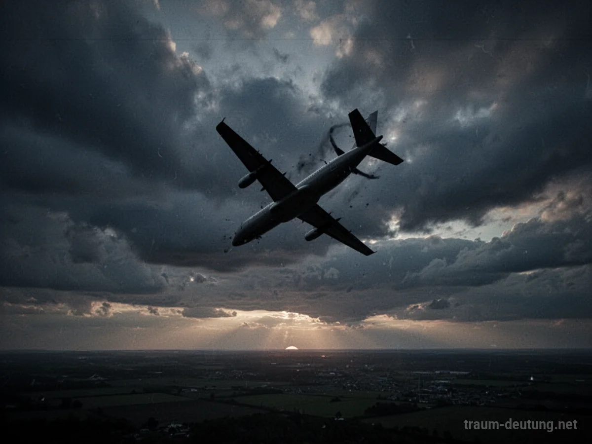 Silhouette eines Flugzeugs im Sinkflug über einem dunklen Himmel.
