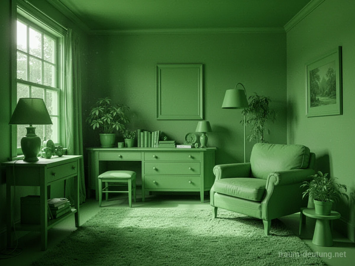 Ein vollständig grünes Zimmer mit grünen Wänden und Möbeln