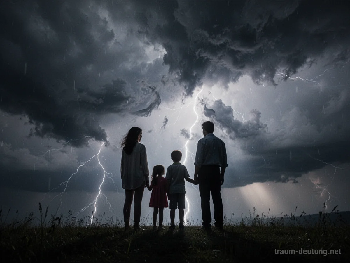Familie steht unter einem dramatisch bedrohlichen Himmel, Lichtstrahlen brechen durch Wolken.