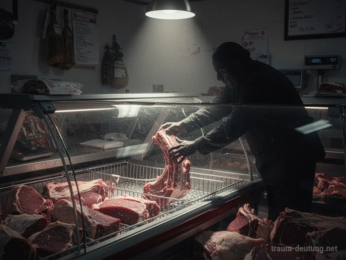 Leere Auslage eines Metzgers, aus der Fleisch gestohlen wurde, im Schatten.