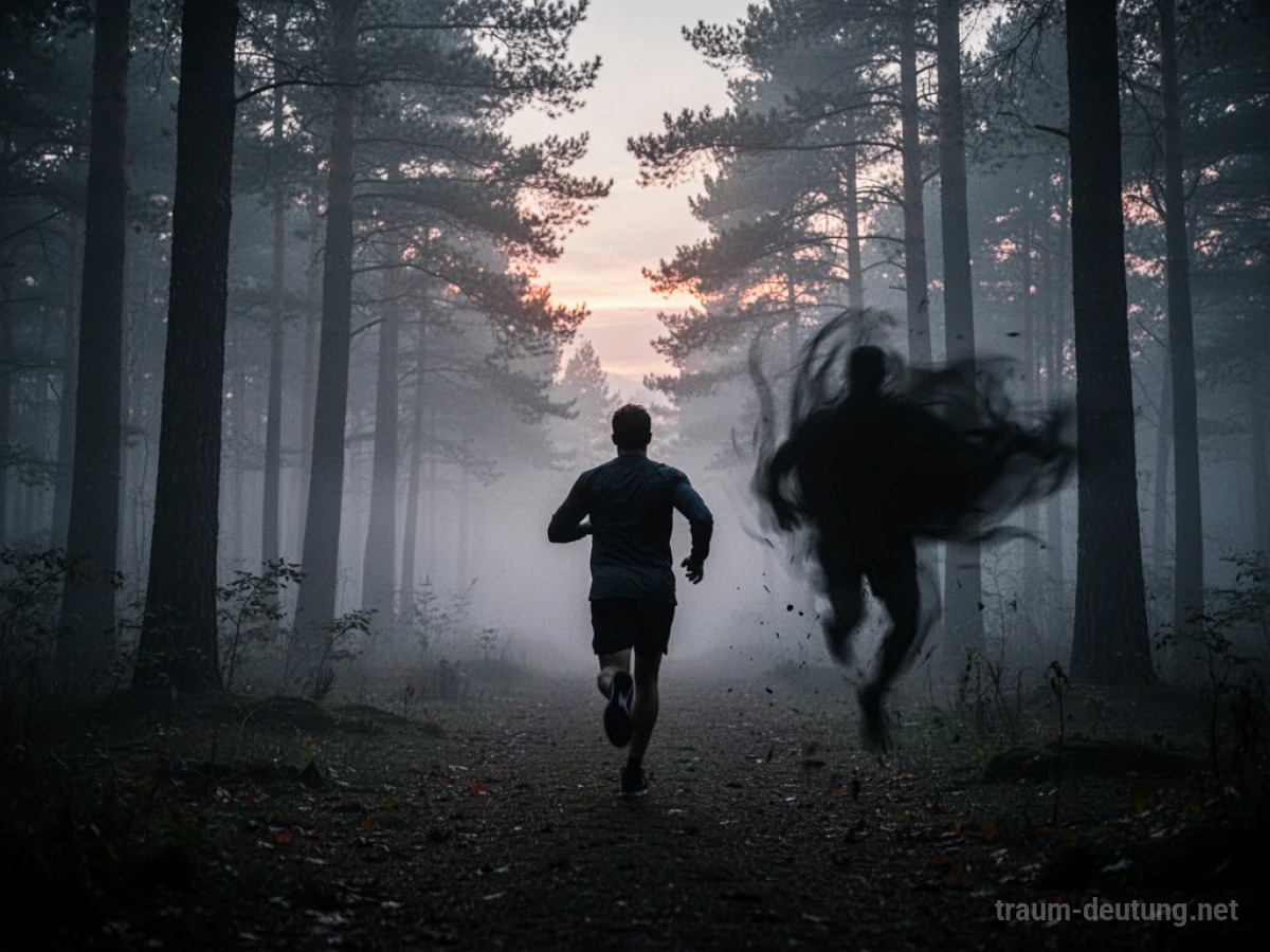 Silhouetten-Figur flieht durch einen nebligen Wald vor einer dunklen Gestalt.