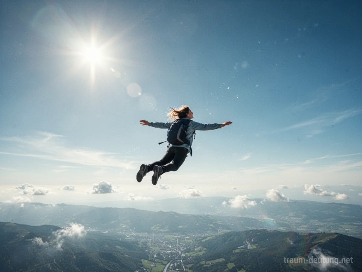Mensch fliegt hoch über blauem Himmel mit Sonnenschein.