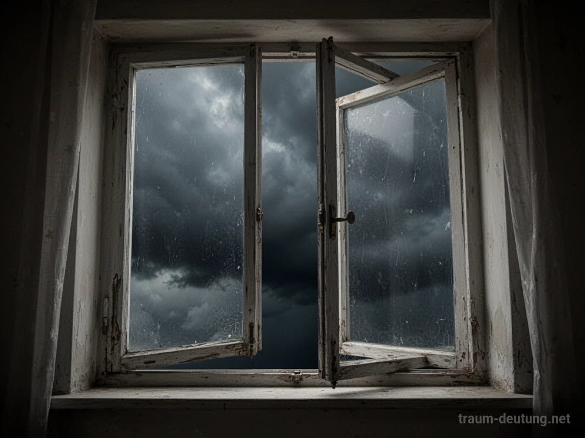 Ein halb geöffnetes Fenster, das sich nicht schließen lässt, mit Blick auf einen stürmischen Himmel.