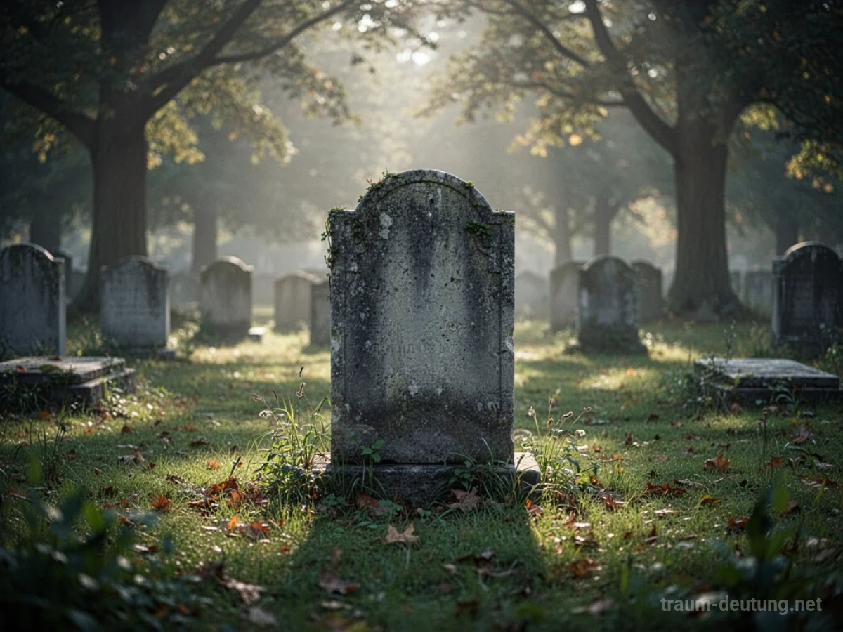 Ein einzelnes Grab auf einem Friedhof im sanften Licht.