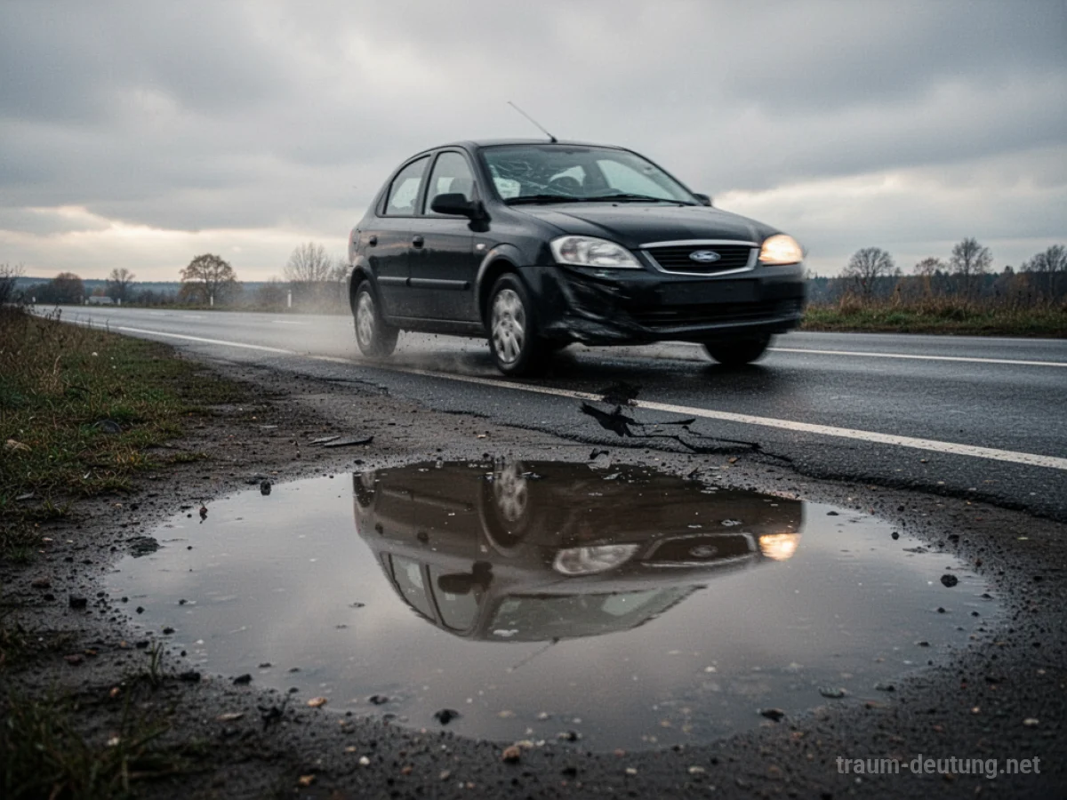 Auto fährt auf Straße, verzerrte Spiegelung im Wasser daneben deutet Unfall an.