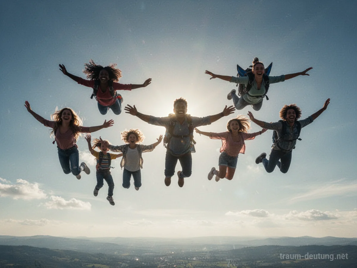 Freunde fliegen gemeinsam durch den Himmel, eine Gruppe von Silhouetten vor der Sonne.