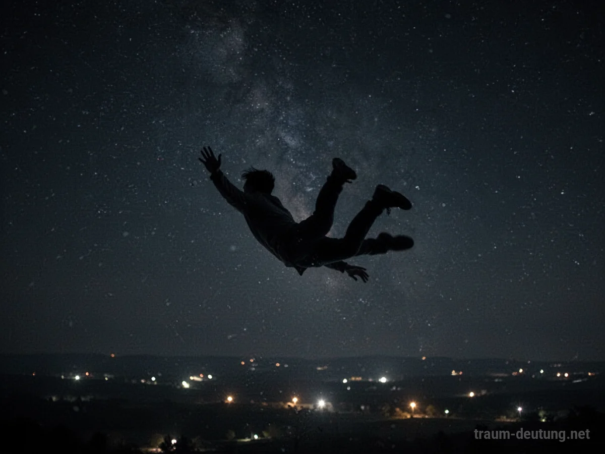Silhouette einer Person, die endlos durch einen dunklen Himmel fällt.