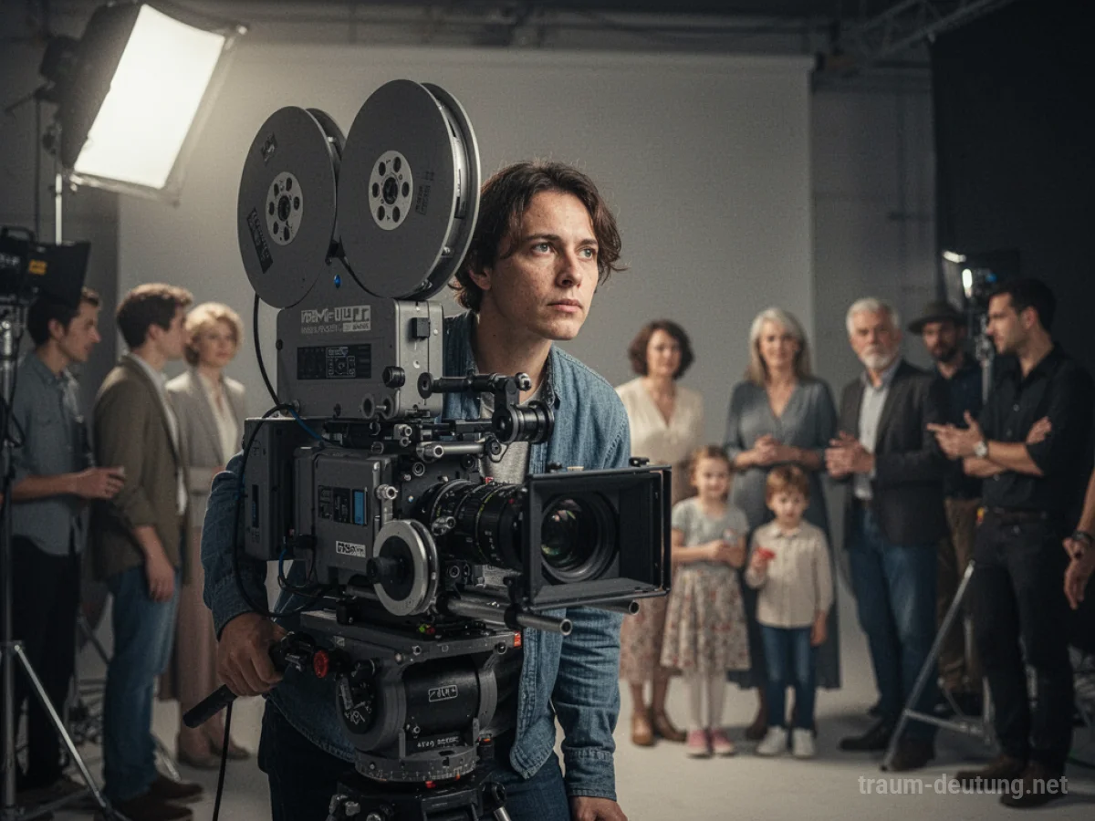 Eine Person als Regisseur am Filmset hinter einer Kamera.