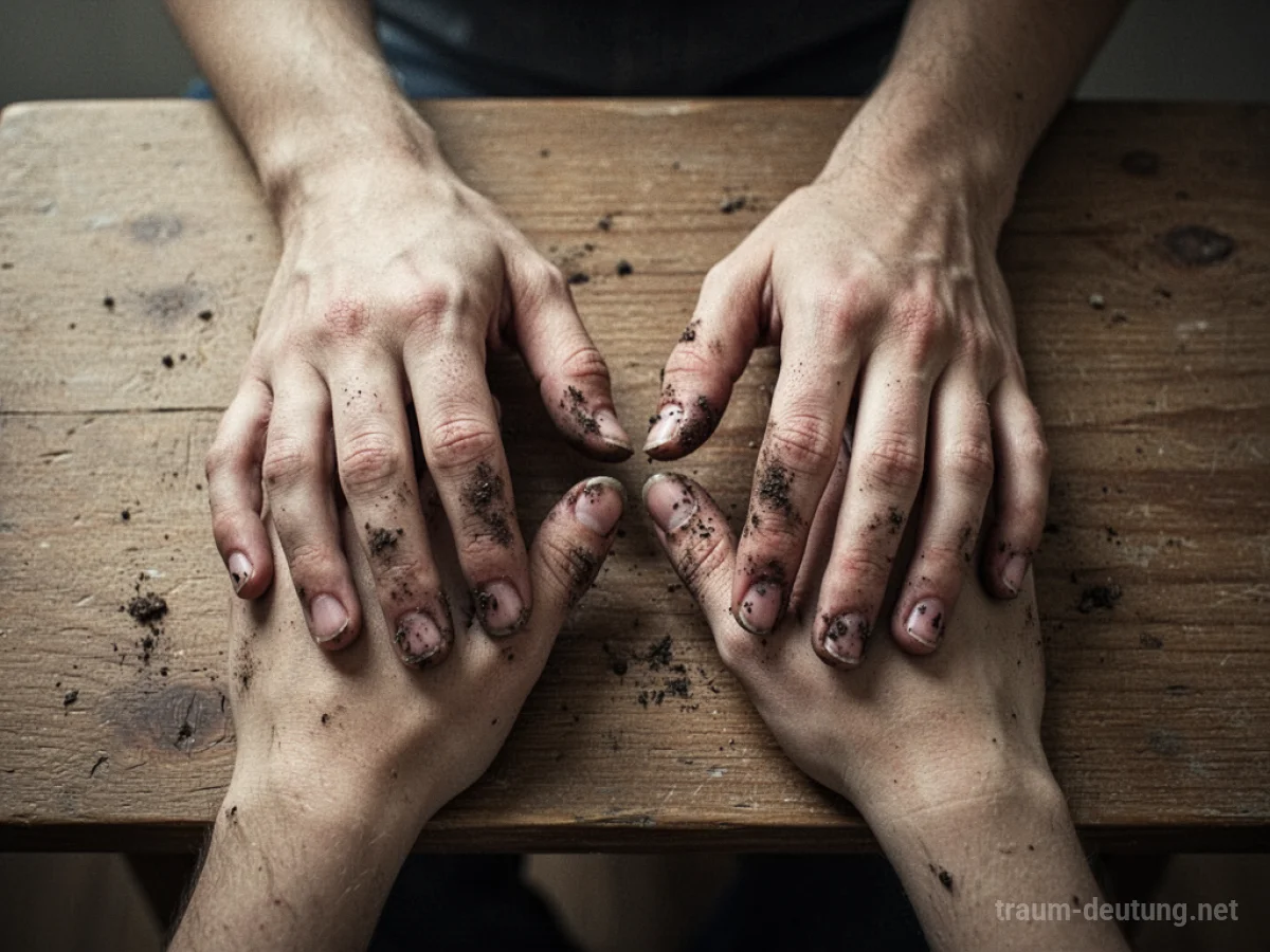 Hände mit schmutzigen Fingernägeln auf einem Holztisch