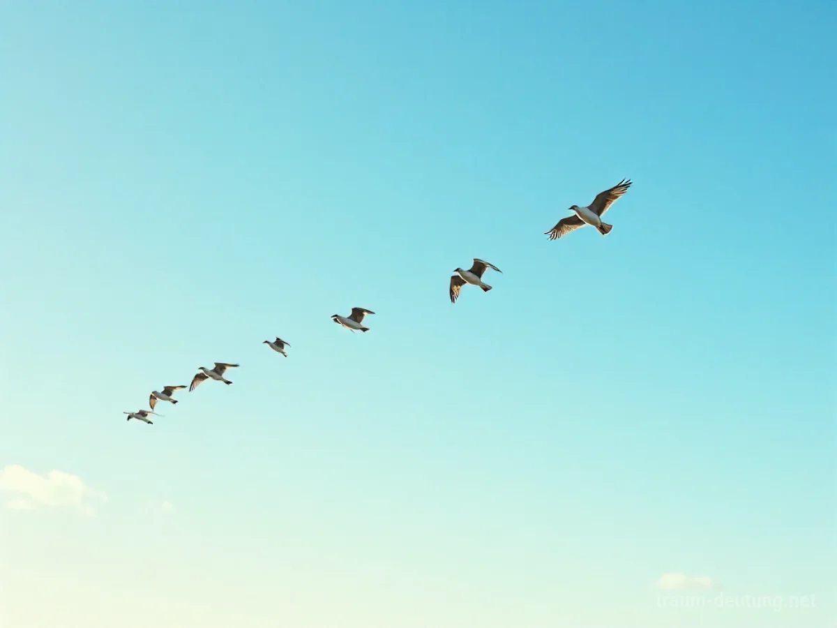 Vögel fliegen als Schwarm über einen blauen Himmel.
