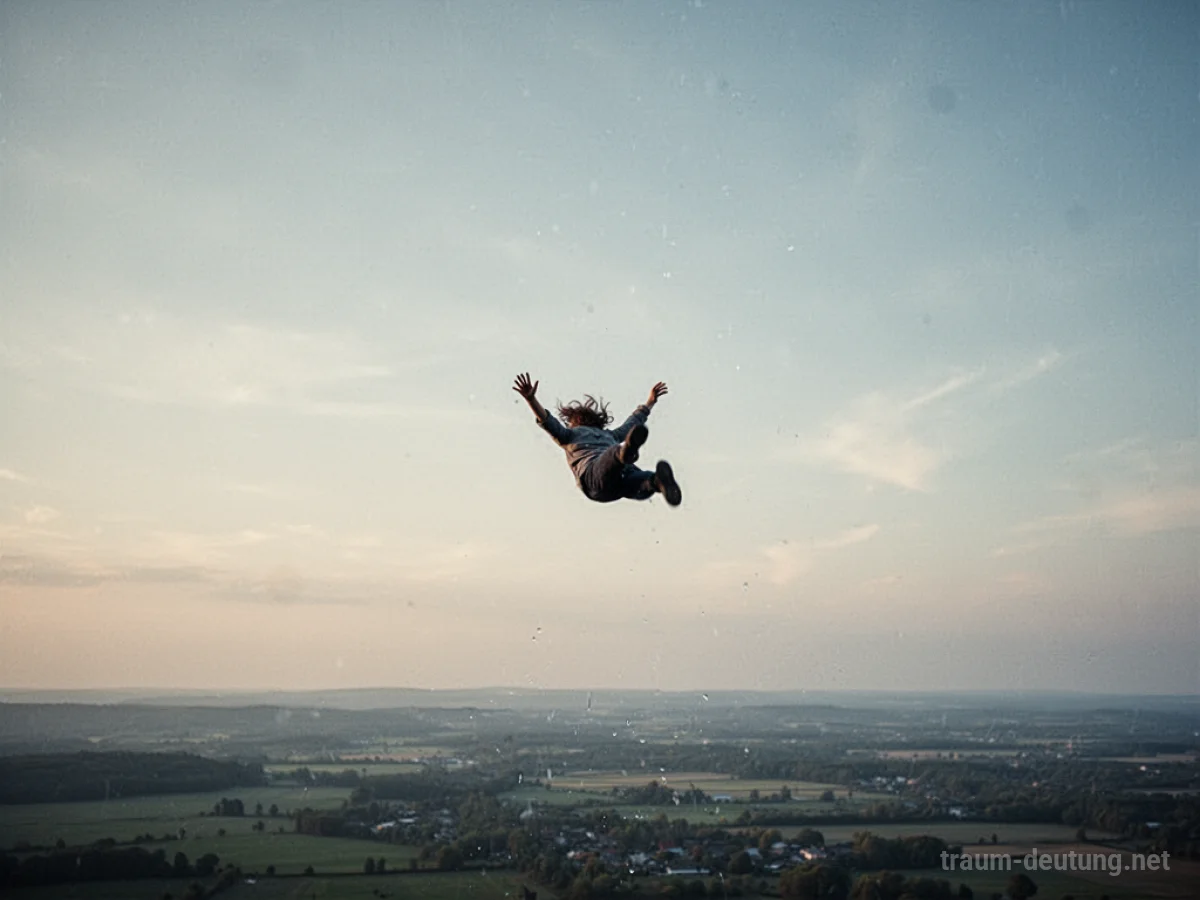 Eine Person fällt aus großer Höhe durch einen weiten Himmel.
