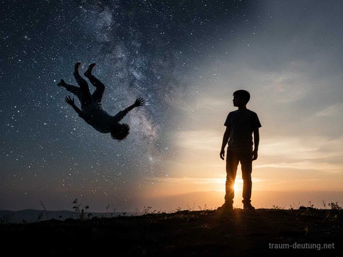 Silhouette eines fallenden Menschen, der zu einer stehenden Figur am Boden wird, mit Morgensonne.