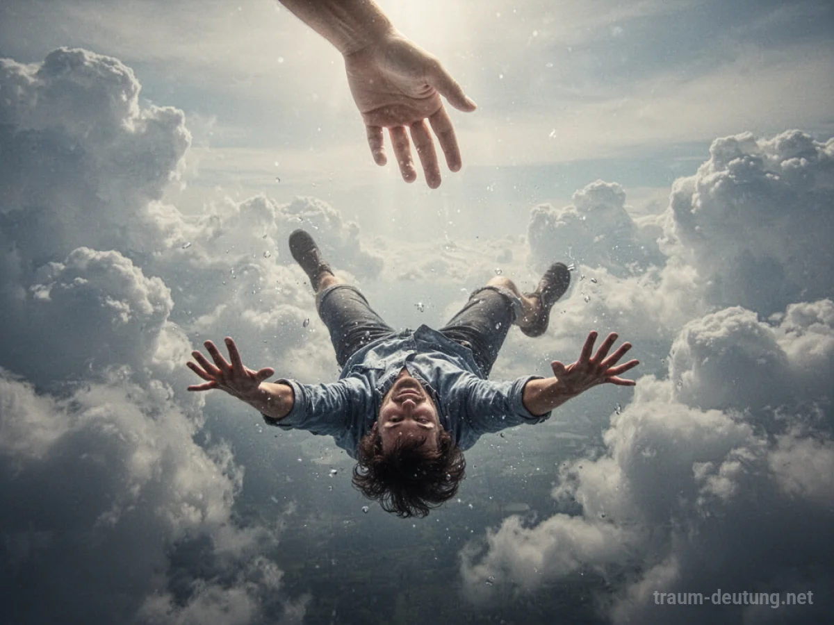 Eine Person fällt durch den Himmel und wird von einer helfenden Hand aufgefangen.