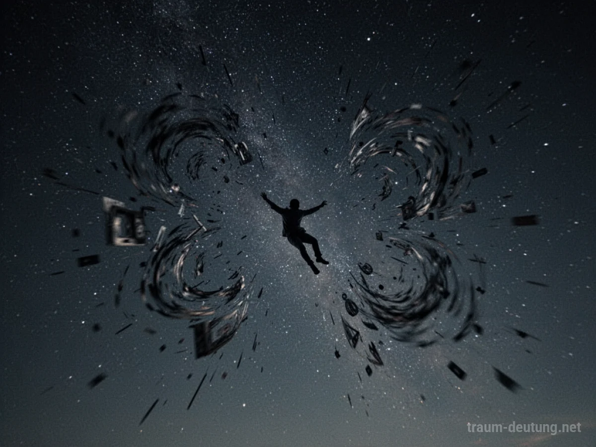 Schattenfigur fällt durch dunklen Himmel, umgeben von abstrakter Panik.