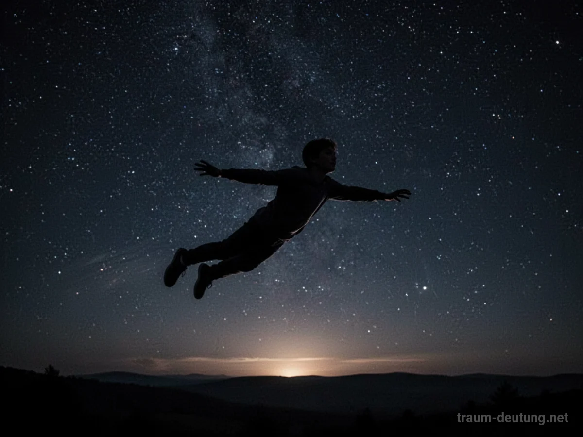 Silhouette einer Person fliegt durch den sternenklaren Nachthimmel.