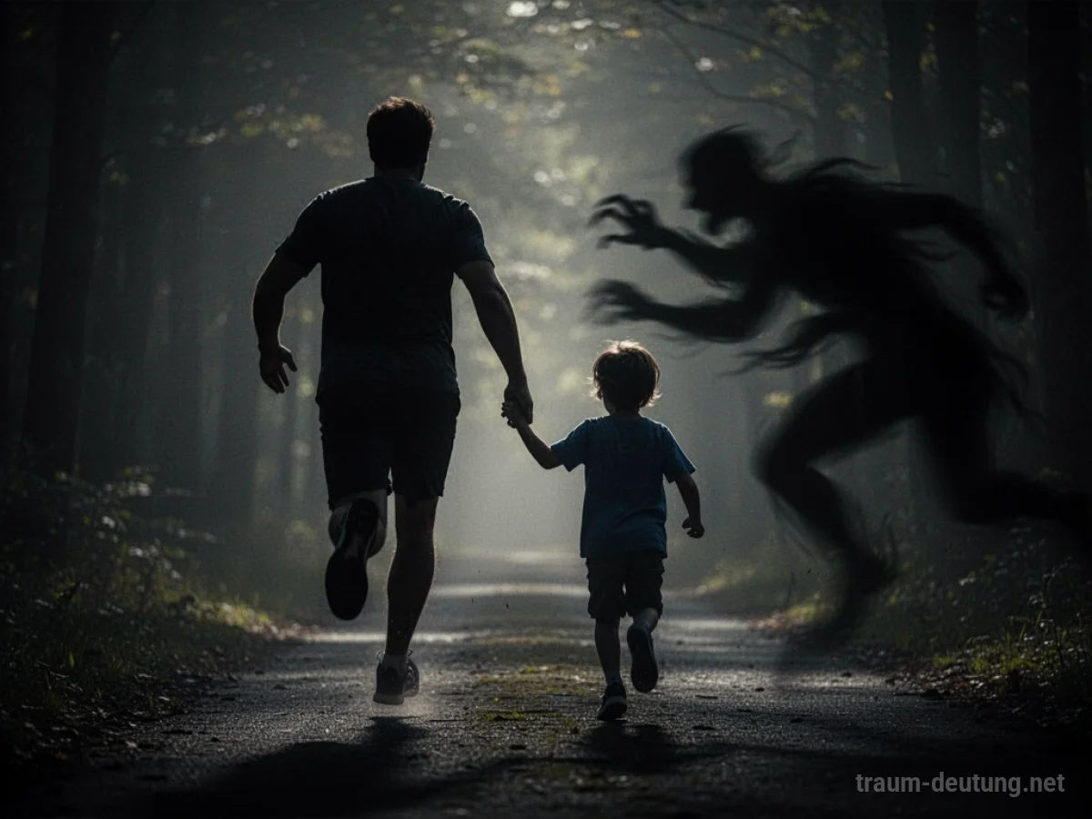 Silhouetten einer Person und eines Kindes, die gemeinsam fliehen