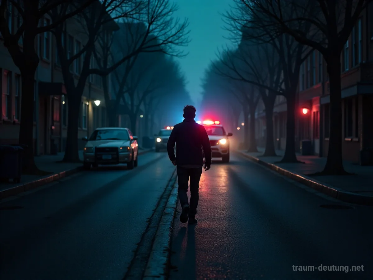 Silhouette einer Person, die vor Polizeilichtern auf einer dunklen Straße flieht.