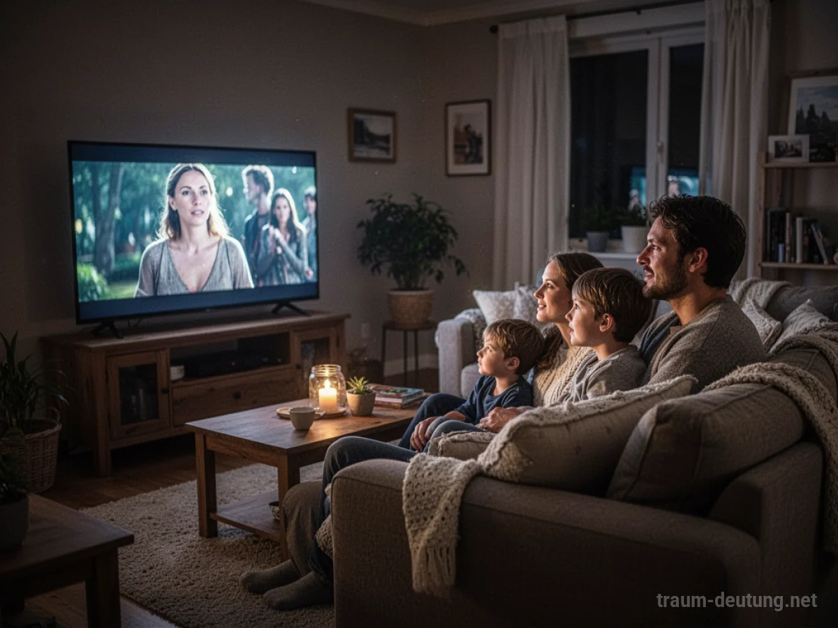 Familie schaut gemeinsam einen Film im Wohnzimmer.