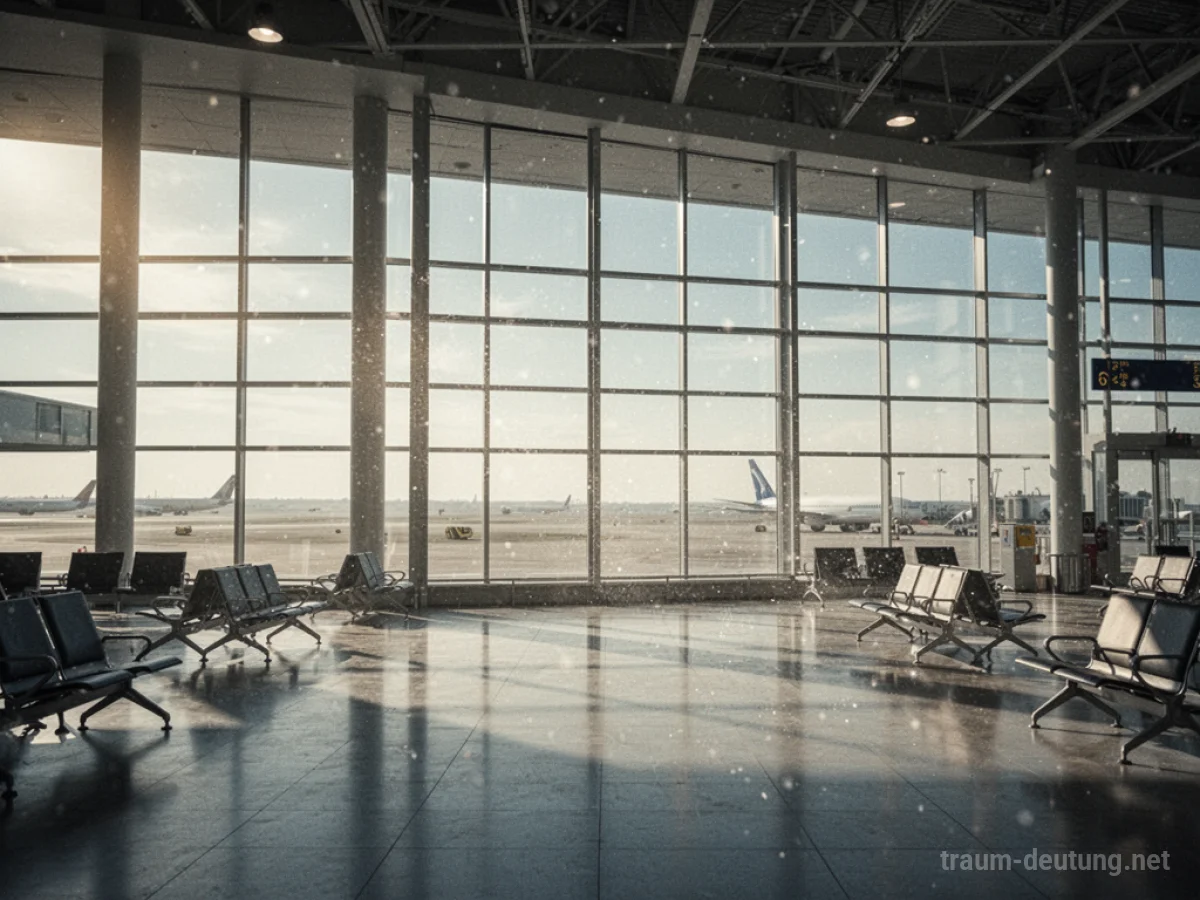 Ein leerer Flughafen-Terminal mit großen Fenstern und Sonnenschein, ohne Flugzeuge auf dem Rollfeld.