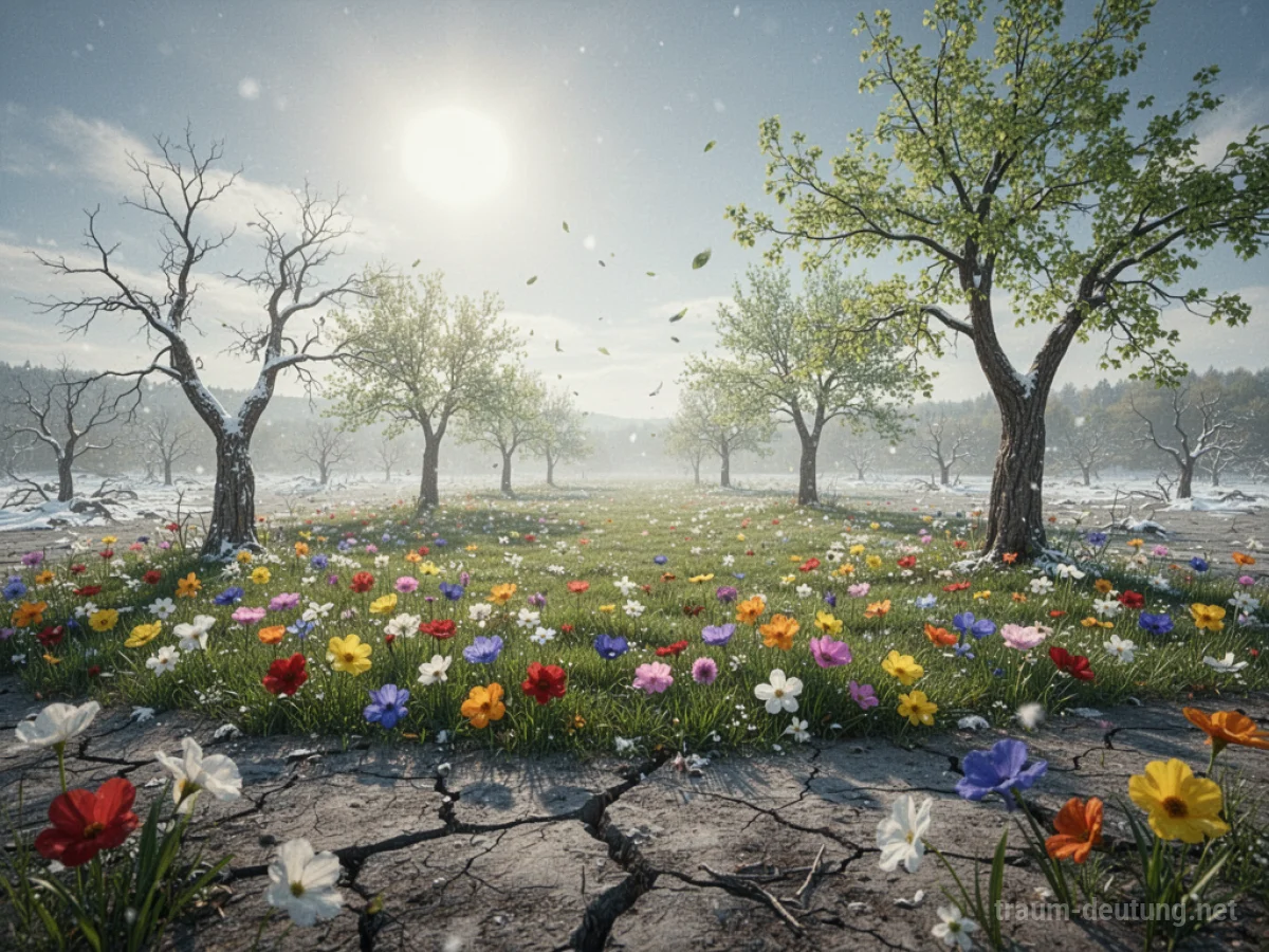 Plötzlicher Frühling mit blühenden Blumen und grünen Bäumen auf einer ehemals kahlen Fläche.