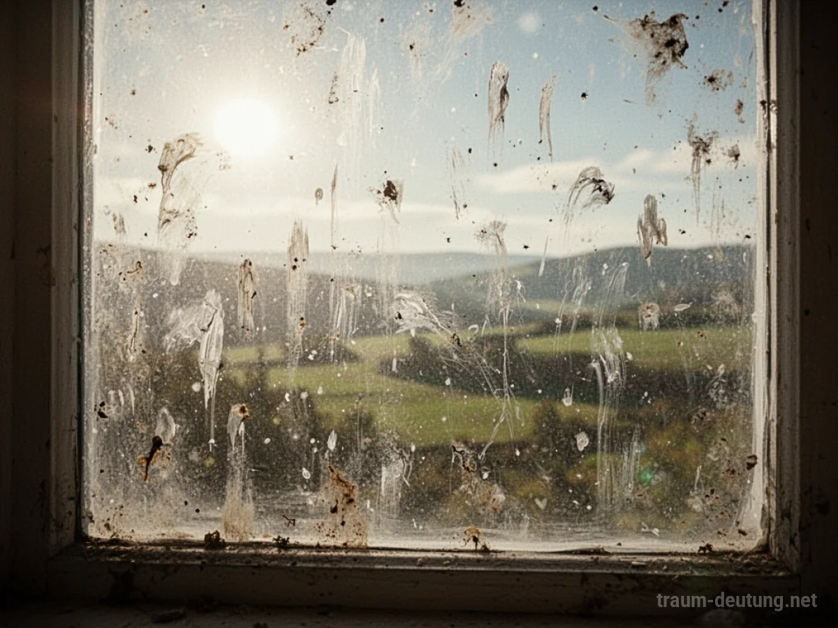 Ein schmutziges Fenster mit Schlieren, das eine helle Landschaft davor verbirgt.