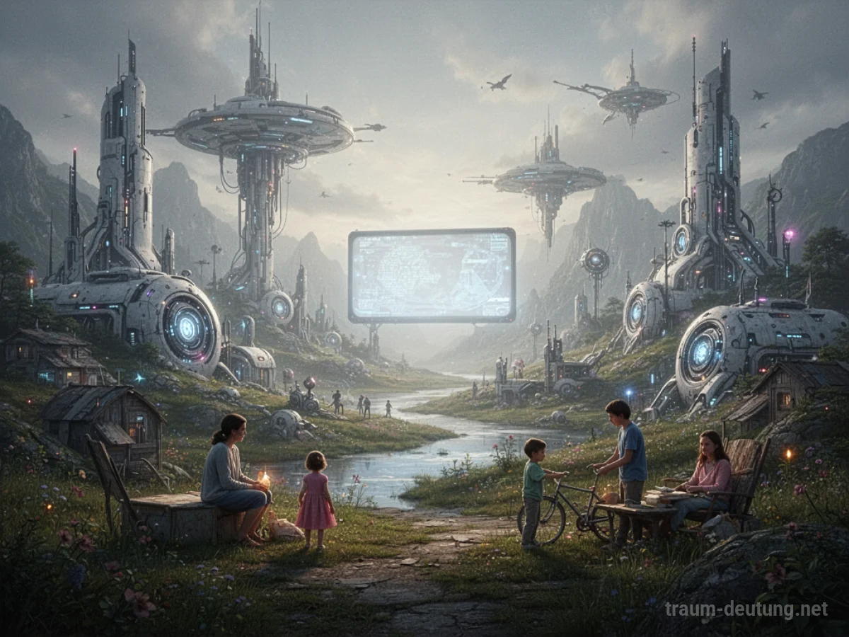 Surreale Landschaft mit futuristischen Elementen und einer leuchtenden Leinwand