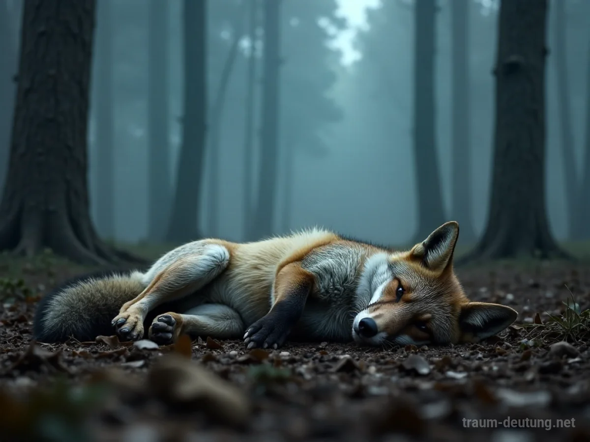Ein toter Fuchs liegt still in einem nebligen Wald.
