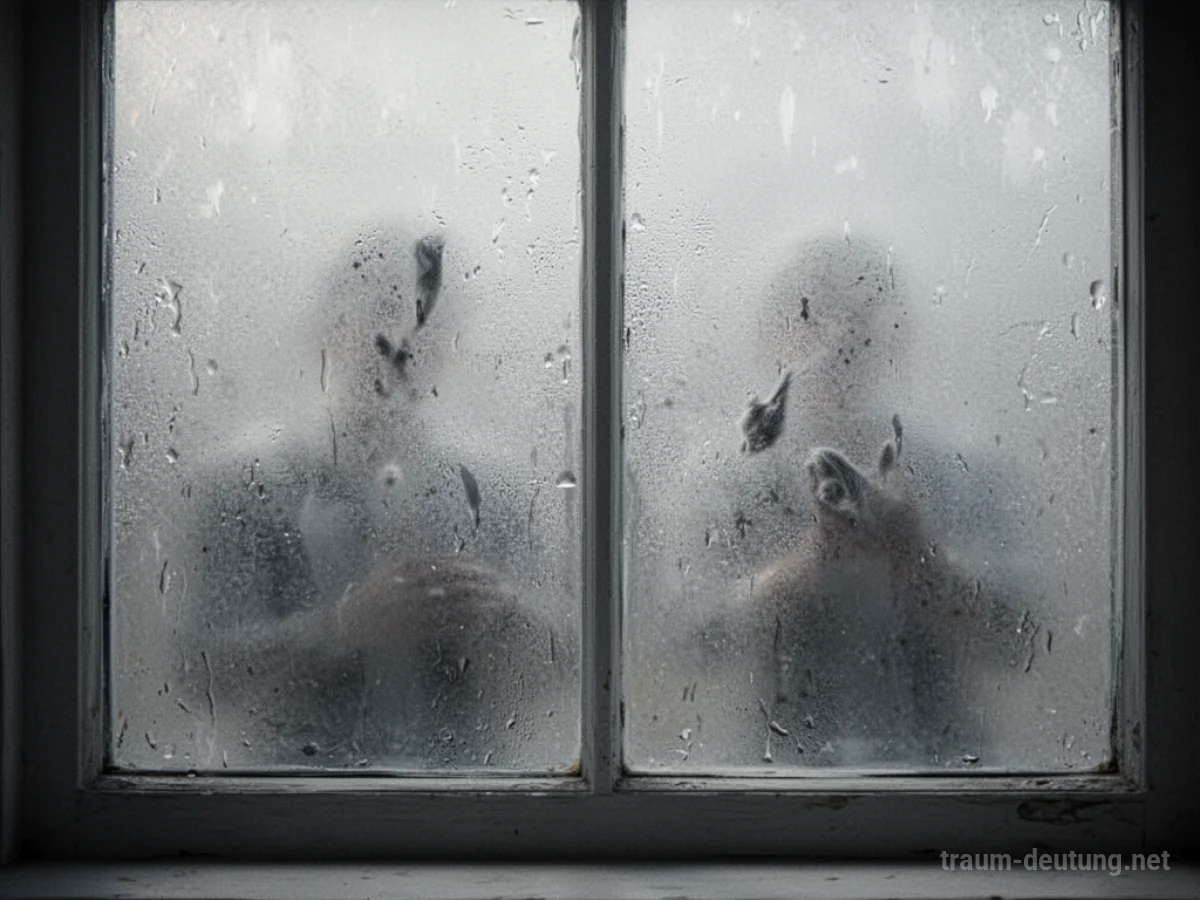 Ein undurchsichtiges Fenster mit schemenhaften Umrissen dahinter.