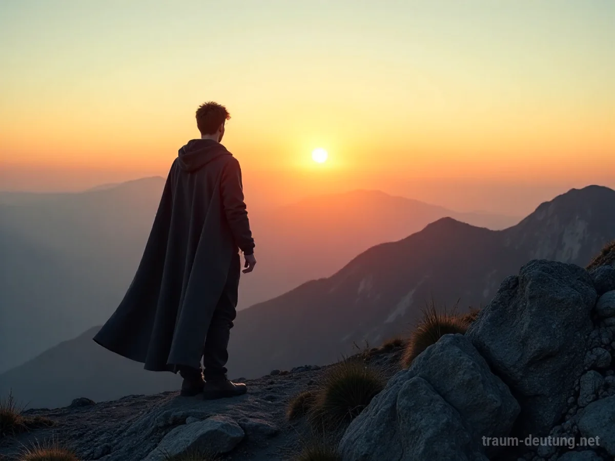 Eine Person steht auf einem Berg und blickt in den klaren Himmel, nachdem sie eine schwere Last abgelegt hat.