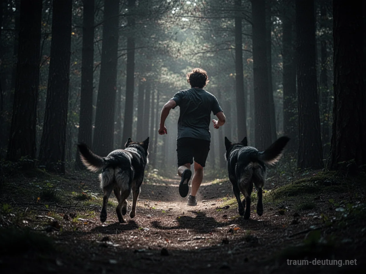 Person flieht vor einem Hund im Schatten eines Waldes.