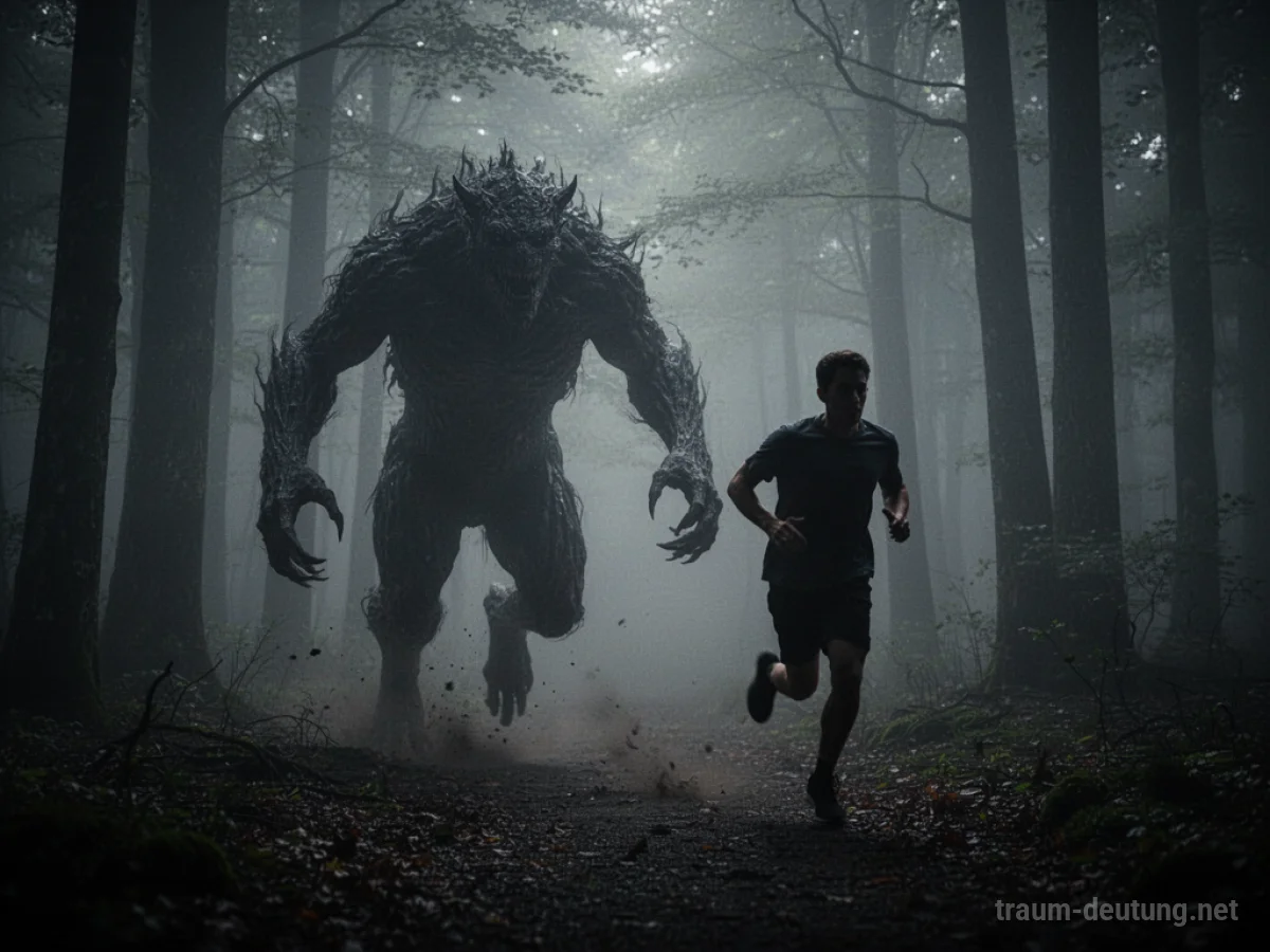 Silhouette flieht vor einem dunklen Monster durch einen nebligen Wald