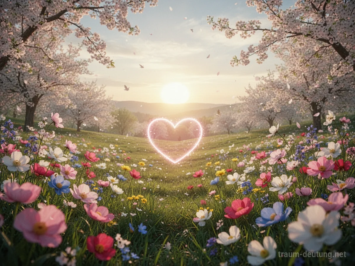 Blühende Frühlingslandschaft mit Blumen und Sonne, Sinnbild für Neubeginn und Liebe.
