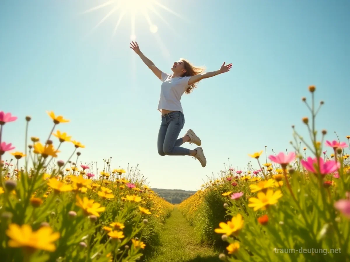 Person springt vor Freude auf einer sonnigen Blumenwiese.